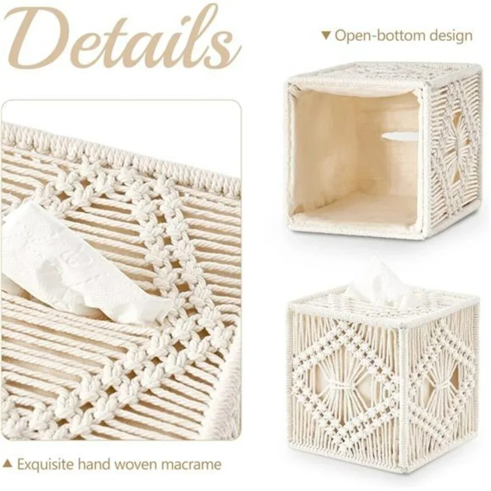 Macrame tissue box cover square woven boho tissue holder bathroom bedroom decor